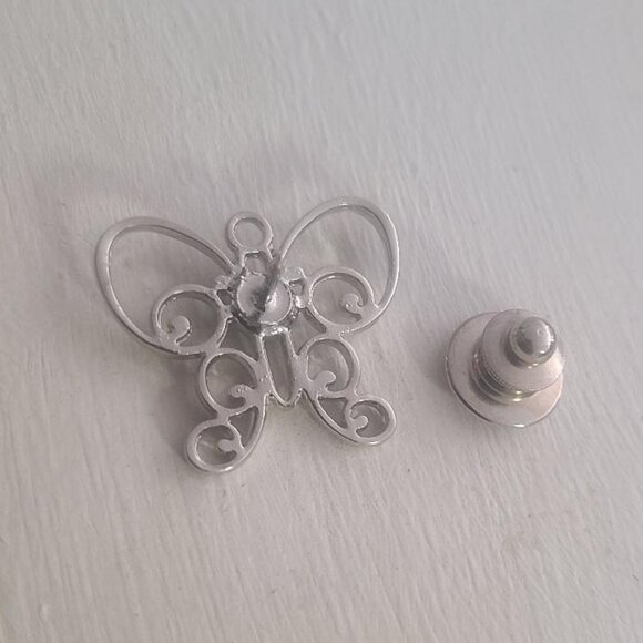 Silver Butterfly Aquamarine Rhinestone Lapel Pin Tie Tack Brooch - Vintage Love - Picture 4 of 4